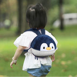 Children's backpack with lost string, loss prevention, penguin, stretchable, blue